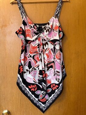 Dusak Designs Abstract Pink & Black Handkerchief-Hem Tank Top with Ring Detail